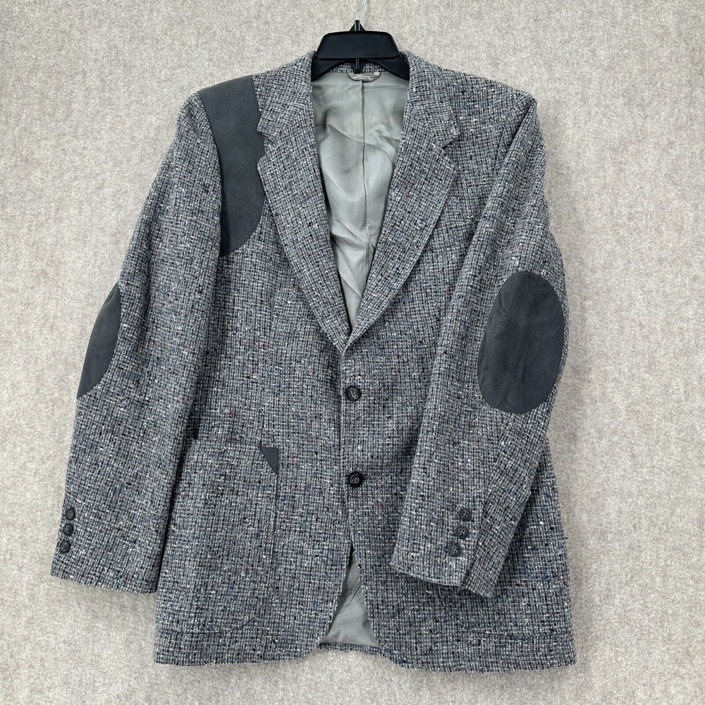 VTG Tweed Blazer Jacket 38R Grey 100% Wool Elbow Patches Pockets Western‎